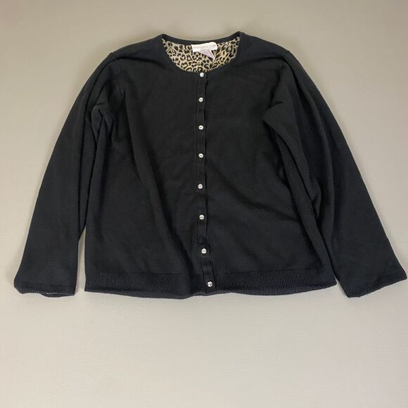 Susan Graver Style Cardigan Sweater Size L Black Leopard Print‎ Lined Button Up - Picture 1 of 12
